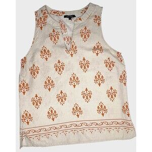 Anne Carson Linen Blend Top Natural Fleur de Lis Stencil Henna Resort Chic L